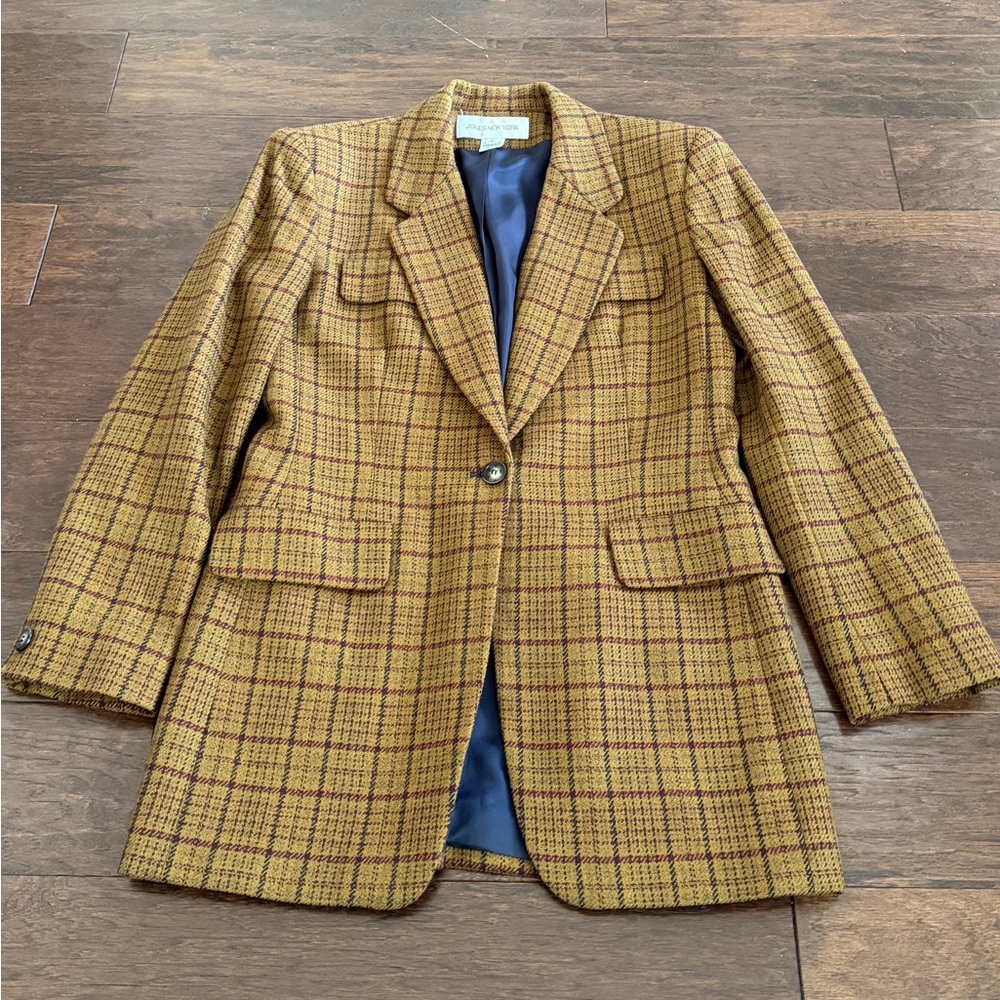 Vintage Jones New York Women's 100% Wool Plaid Blazer Jacket Size 4 Brown Blue